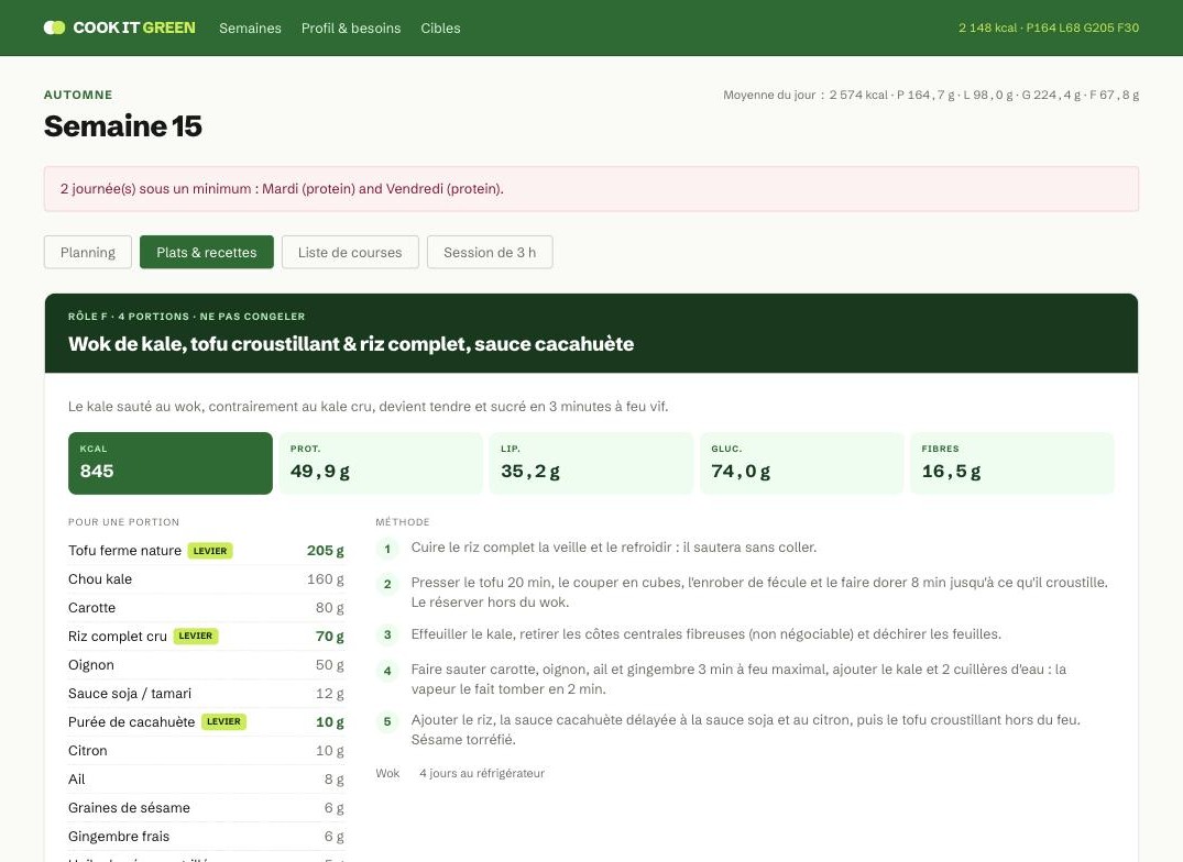 Fiche plat de Cook It Green&nbsp;: apports nutritionnels, grammages ajustés par le solveur et méthode
