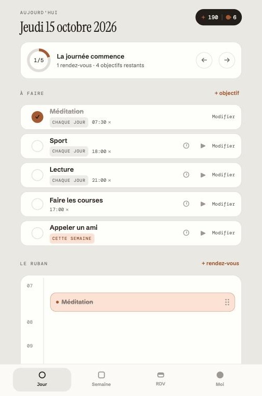 Vue jour de Move the Spark&nbsp;: objectifs du jour et planning horaire
