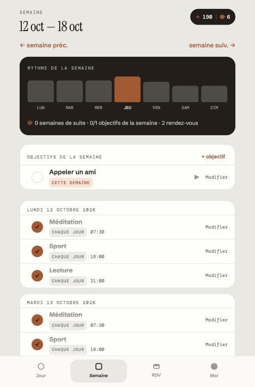 Vue semaine de Move the Spark&nbsp;: rythme de la semaine et objectifs par jour
